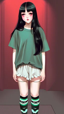 generate a full-length girl with gray-green sad eyes, with dark hair above the shoulders, a round face, not very plump lips, in a black T-shirt with a red print, short shorts, blue socks