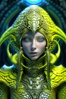 A beautiful alien with big eyes and small nose and mouth wearing a bioluminescense light yellow zafír biomechanical silver metallic diadem headress, wearing biomechanical amalgamation style leather jacket dress ribbed with silver floral metallic filigree biomechanical vantablack pattern, organic bio spinal ribbed detail of gothic winter backround extremely detailed maximalist hyperrealistic portrait art