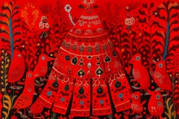A dark red festival with bells designed in Kuna molas painted by Claude Monet