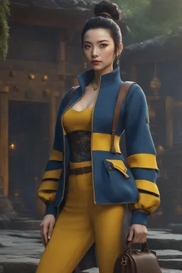 beautiful female, asian, pale skin, dark spiky hair with high bun, detailed dark eyes, yellow jacket, travel bag, baggy blue pants, fantasy setting, year 1500, 8k, 3d cgi, unreal engine 6, high detail, intricate, cinematic background