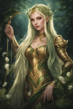 Dark green hair,Rapunzel hair,golden armor,night,sparkle,lily of the valley,ivy,elven warrior,elven ears,burgundy,green,gold,elven crown,extremely long hair