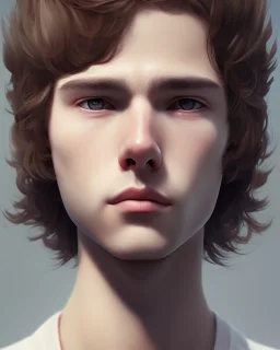  boy, cute, young, teen, brown hair, brown eyes, medium hair, bangs side part, head and shoulders portrait, head and shoulders portrait, 8k resolution concept art portrait by Greg Rutkowski,