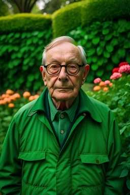 un retrato de un anciano con un sobretodo verde y lentes de marco grueso en un jardin de rosas