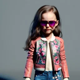 Natalie portman toddler, full body, leather jacket, floral shirt, floral skirt, shoe, soft skin, dramatic lighting, hyper realistic