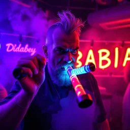 An "suden talvi ilman kebabia" pipe performing at dance club, his name is "suden talvi ilman kebabia" and looks crazy, looks very aggressive look, Neon lights and smog, "suden talvi ilman kebabia" SIGN ON WALL
