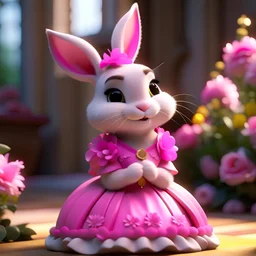 Create a cute bunny princess character that is adorably dressed in a gown filled with pink and white roses, realism style, Looking back over the shoulder, zbrush, 3d rendering, 32k uhd, 8k, HD, perfect angle