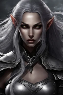 SA female elf with skin the color of storm clouds, deep grey, stands ready for battle. Her long black hair flows behind her like a shadow, while her eyes gleam with a fierce silver light. Despite the grim set of her mouth, there's a undeniable beauty in her fierce countenance. She's been in a fight, evidenced by the ragged state of her leather armor and the red cape that's seen better days, edges frayed and torn. In her hands, she grips two daggers, add dark shadow mystic purple flames