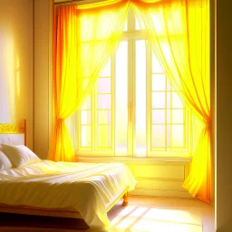 A dreamy, romantic bedroom at dawn, glowing soft yellow light through sheer curtains, peaceful and quiet atmosphere, delicate textures, floating particles of dust in the air, open window with a gentle breeze, subtle eastern-inspired decor elements, cozy and poetic, cinematic composition, ambient fantasy art, no people