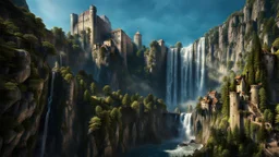 a wide waterfall falling upon a medieval european city. The city is at the bottom at the end of a steep, narrow, 3.000 feet tall ravine. a masterpiece, fantasy concept art, dynamic lighting, hyperdetailed, intricately detailed, deep color, Unreal Engine, volumetric lighting, Epic cinematic brilliant stunning intricate meticulously detailed dramatic atmospheric maximalist digital matte painting