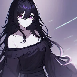 Clear focus, High resolution, rough line sketch art, long black hair, hair between eyes, fluffy hair, purple eyes, wearing a off shoulder shirt, no spaghetti strapes, dark aura, 1girl, wearing a skirt