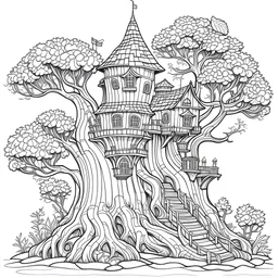 outline art for square twisted castle old oak tree coloring page for kids, classic manga style, anime style, realistic modern cartoon style, white background, sketch style, only use outline, clean line art, no shadows, clear and well outlined