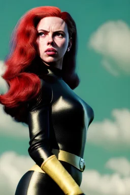 retro portrait image from 1960, sky background, wind, long red hair, fighting stance, sweet young Scarlett Johansson, black dress, classic long tight lycra black suit, gold bracelet and belt, high heel boots, superhero style, soft color, highly detailed, unreal engine 5, ray tracing, RTX, lumen lighting, ultra detail, volumetric lighting, 3d, finely drawn, high definition, high resolution.