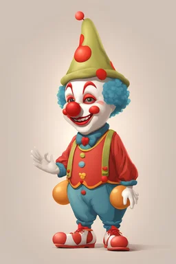 cute clown character in form of a pear, khaki color skin, red round nose, blue clothes