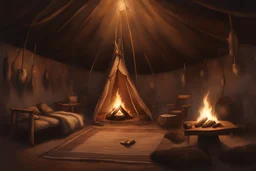Tribal Tent Photorealistic Concept Art, 1800s Old West, Interior, Tent, Torches, Throne, Furs