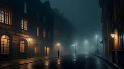 An old city was covered in fog at night, a cinematic look of depth.
