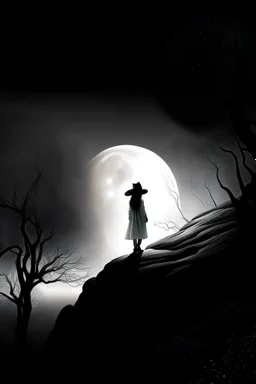 scene, black an white, forest fog, superbig full moon, woman on a rock, tim burton character, woman wiht cape and hat