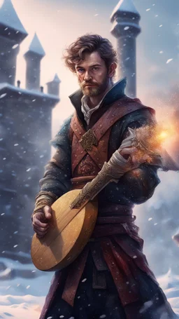 portrait of bard man with sword and lute in the snow on holding a tower fortification, magazine cover illustration with oil paint and spray paint, signed, bokeh like, down-light, unreal engine, prize winning