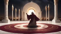 Hyper Realistic Sufi Whirling on stone floor with maroon & Golden Islamic Sufi Rustic Grungy Background outside white marble Islamic monument at dark night, heavy-fig with stars on sky showing dramatic & cinematic ambiance.