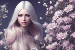 femme long cheveux blond blancs grands yeux bleus , 8k resolution, flower magnolia lotus rose, beautiful portrait, 8k resolution, flower head and body, beautiful star souriante+++