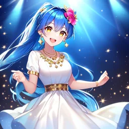 girl, masterpiece, best quality, cinematic lighting, detailed outfit, perfect eyes, blue hair, golden eyes, long hair, ponytail, laughing, spotlight, hair flower, white dress, sparkle, necklace, earrings,