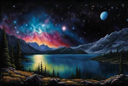 by the lake, on an alien world, within the Orion Nebula, by night :: extremely detailed, intricate, photorealistic, beautiful, high detail, high definition, pencil sketch, deep color, watercolor, award winning, crisp quality