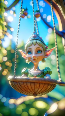 close up face portrait of happy elf princess on a swing inside a boat crystal ball hanging from a tree in the mountain , shot on Hasselblad h6d-400c, zeiss prime lens, bokeh like f/0.8, tilt-shift lens 8k, high detail, smooth render, down-light, unreal engine, prize winning