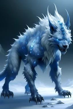 The Crystaline is a majestic and fearsome creature that roams the icy expanses of the Tundra. Towering at six meters in height, it is a formidable predator with a sleek, muscular body. The Crystaline's appearance is a striking blend of grace and danger. Its fur, primarily white with blue and black hues, is overgrown with shimmering blue crystals, giving it an otherworldly and enchanting glow.