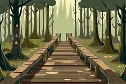 Cartoon style dark Forest with trees, muddy footprints in the wooden bridge.