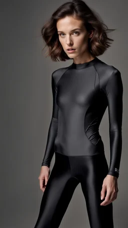 photography of a beautiful anorexic woman, anthracite satin triathlon top, sports illustrated, brunette short wavy bob haircut, pronounced sternum, flat chest, anthracite short leggins