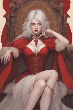 Beautiful white haired Vampire queen on her throne, drawing. Wearing a red cloak with a fur collar. Portrait, waist up