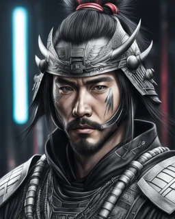 Retrato de Samurai con traje ciberpunk estilo dibujo artístico a lápiz, hiper realista, hiperdetallado, calidad ultra