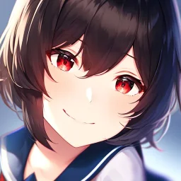 Clear focus,High resolution, black short fluffy hair, long fluffy bangs, and red eyes, Depressed girl, wearing a sailor uniform, Smug smile, half closed eyes, smile, Extreme close up,