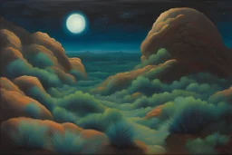 Night, rocks, vegetations, mountains, enigmatic, cosmic influence, trascendent, 2000's sci-fi movies influence, rodolphe wytsman impressionism paintings