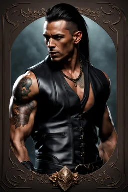 portrait of a 35 year old Handsome muscular male with dark bronze skin adorned with tattoos. His long dark hair is tied back in a pony tail. He's wearing a leather vest and has a dagger which hangs from his belt. Dark fantasy. Hyperrealistic