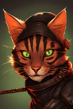 A humanoid cat with sunset orange fur and blood red stripes. Wearing black leather armour. Wielding a thin rapier. Looks like a criminal. Blinking with one eye. Scar over the right eye. Glowing green eyes.