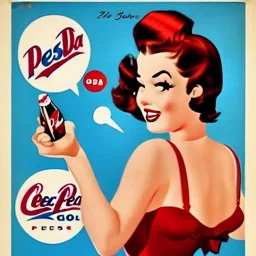 pinup girl, square shirt, red hair, beautiful, cute, red lips, close to a fuel pump. Poster Pepsi Cola. 1950