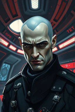 rough style painting of a cowboy , a charimatic and confident male umbaran. he has a shaved head. His skin is grey pale and his eyes are dark. He is in a dark and red spaceship room. He wears black imperial suit.