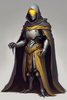 slim robot, dungeons and dragons, yellow eyes, wearing cloak