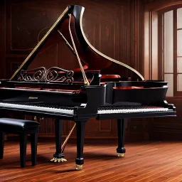 Grand piano on wooden floor, black background