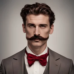 a portrait of german man wearing formal attire. wavy dark auburn medium hair. lighter skin. black eye pupils. big nose. detailed. high tense background. mustach and short beard. grey shirt with red bowtie.