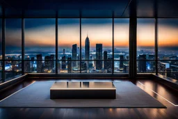 wide stage in luxury room in top floor of skyscrapper in moder city at night sky, ,city scape at backgrownd