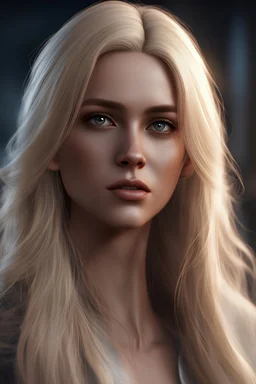 Realistic female character, long blonde hair, high details, cinematic, 4k