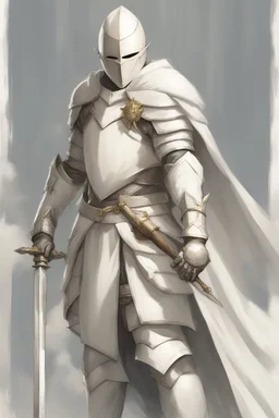 Knight wearing white armor and white cape with white mask, sword, and shield