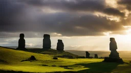 calm beauty, fantasy, magic, splendor, uplifting, inspiring, therapeutic, Easter Island, springtime, sunlight, chiaroscuro, color, award-winning colour photograph, Nikon 135mm