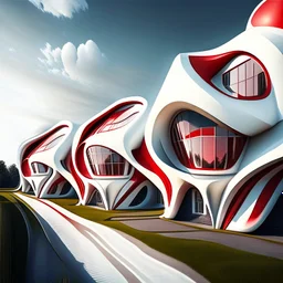 Hilera de casas campestres estilo Zaha Hadid obra de arte detallada color blanco crema y rojo imperial arte digital impactante hiperrealista 8k