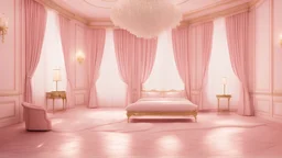 large room at night and lots of diamonds shining scattered on the floor, in the middle a brass four-poster bed with light pink soles