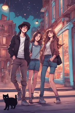 Design a book cover for fantasy criminal story. One teenage girl and two boys are on the town street. Black Cat as a company. The book is for teenagers. Modern style. Bakery in the background