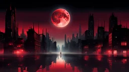 In a dystopian city at twilight, a mystic moon casts its silver glow onto the remnants of a once-thriving metropolis. Reflections of a crimson sunset dance in the shimmering, ethereal ether, as a solitary figure clad in black and red navigates the desolate streets, embodying the moody blend of hope and despair in a world forever altered by the nocturnal eclipse.