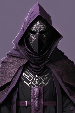 warlock, black mask with ash purple patterns, black robe with ash purple patterns, dark, ominous, long mask