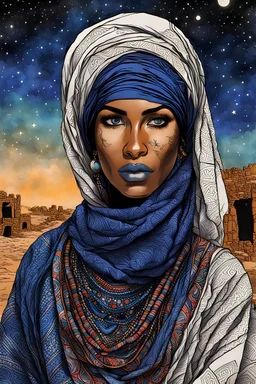 create an imaginative drawing of a Tuareg female, in traditional dress, with finely detailed facial features, in the ruins of Djado under the midnight sky, in the dynamic action style of, Burne Hogarth, finely textured, drawn, colored, and inked